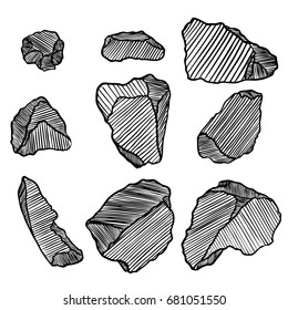 Rock stone hand drawn style. Big set of different boulders. Collection of illustrated cracked and damaged stones rubble architecture design. Gold nugget or prill. Vector.