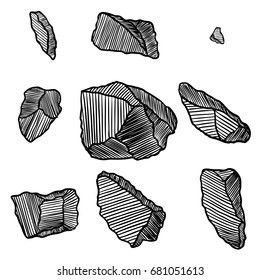 Rock stone hand drawn style. Big set of different boulders. Collection of illustrated cracked and damaged stones rubble architecture design. Gold nugget or prill. Vector.