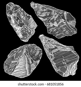 Rock stone hand drawn style. Big set of different boulders. Collection of illustrated cracked and damaged stones rubble architecture design. Gold nugget or prill. Vector.