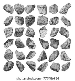 Rock stone hand drawn style. Big set of different boulders. Collection of illustrated cracked and damaged stones rubble architecture design. Gold nugget or prill. Vector.