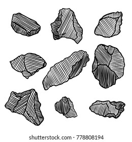 Rock stone hand drawn style. Big set of different boulders. Collection of illustrated cracked and damaged stones rubble architecture design. Gold nugget or prill. Vector.