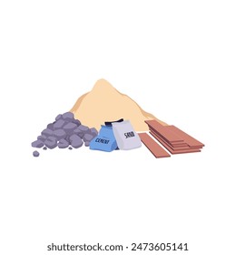 Rock stone heap, sand pile and bags, rasped wooden plank boards vector flat illustration. Construction and building materials. Building units for masonry, repair, renovation