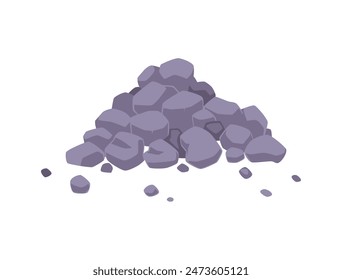 Rock stone heap vector flat illustration. Construction and building material. Grey boulders, cobblestones pile, granite debris isolated on white. Building units for masonry, repair, renovation