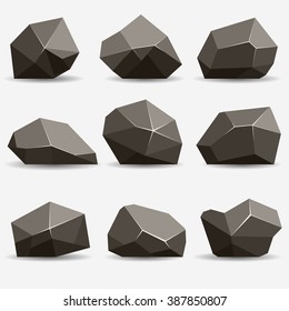 Rock stone isometric view set 3d, flat style different gray boulders with shadow