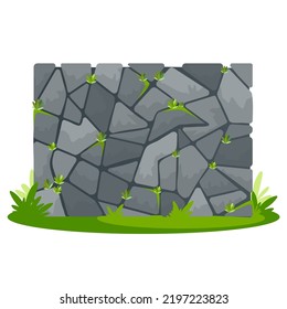 rock stone masonry wall with moss flat vector illustration