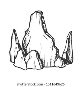 Rock Stone Rough Cobble Boulder Vintage Vector. Solid Sharp Edged Stone Mountain Element. Natural Block Slate Engraving Template Designed In Retro Style Black And White Illustration