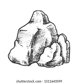 Rock Stone Rough Cobblestone Boulder Retro Vector. Solid Granite Stone Mountain Element. Nature Block Slate Engraving Template Hand Drawn In Vintage Style Black And White Illustration