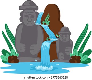 Rock, stone sculptures, tropical river and waterfall in beautiful mountains landscape with plants, rocks and sky. Green wood with wild nature, lake and bush foliage, water falling down from mountain