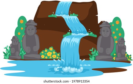 Rock, stone sculptures, tropical river and waterfall in beautiful mountains landscape with plants, rocks and sky. Green wood with wild nature, lake and bush foliage, water falling down from mountain