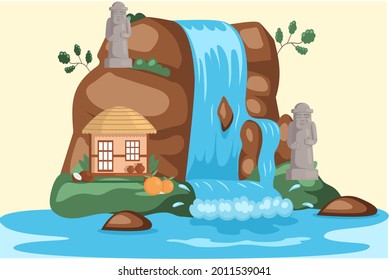 Rock, stone sculptures, tropical river and waterfall in beautiful mountains landscape with plants, country house. Green wood with wild nature, lake and bush foliage, water falling down from mountain