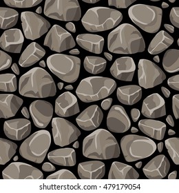 Rock and stone seamless pattern with gray smooth cobbles on black background flat vector illustration   