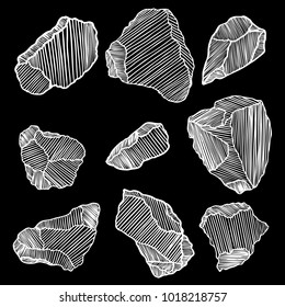 Rock stone set. Black and white stones and rocks in hand drawn hatching, wood carve style. Set of different boulders. Vector.