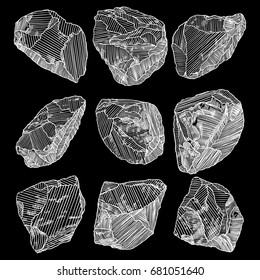 Rock stone set. Black and white stones and rocks in hand drawn hatching, wood carve style. Set of different boulders. Vector.