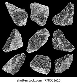 Rock stone set. Black and white stones and rocks in hand drawn hatching, wood carve style. Set of different boulders. Vector.