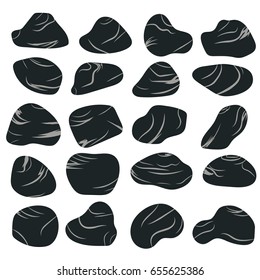 Rock stone set cartoon. black stones and rocks flat style. Set of different boulders