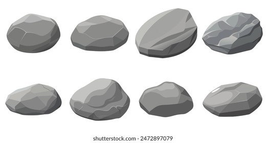 Rock stone set cartoon. Cobble stone game objects. Three dimensional stones and rocks element, isometric 3d flat style. Mountain grey stones. Vector grey rock stone, isolated on white background.