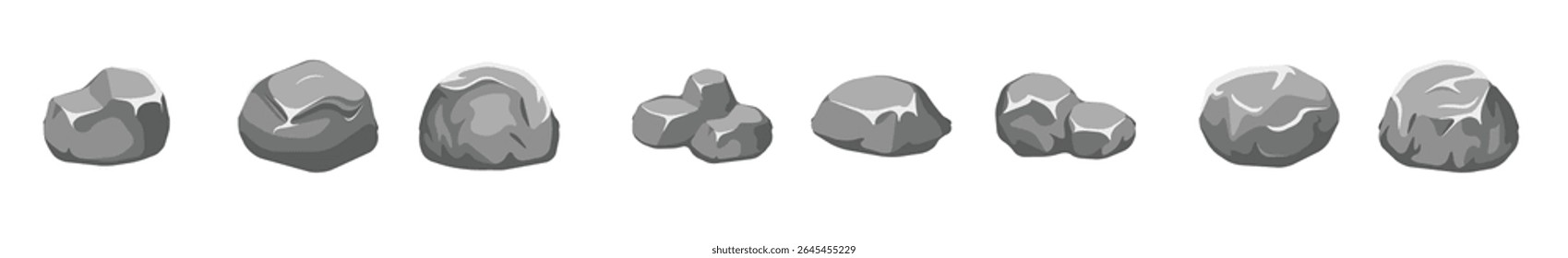 Rock stone set cartoon. Cobble stone game objects. Three dimensional stones and rocks element, isometric 3d flat style. Mountain grey stones. Vector grey rock stone, isolated on white background.