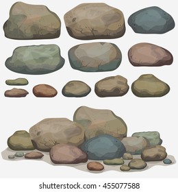 Rock stone set cartoon. Multicolored Stones and rocks in isometric 3d view. Set of different boulders