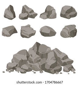 Rock stone set cartoon. Stones of various shapes. Rocks and debris of the mountain. A huge block of stones. Stone shard