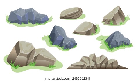 Rock stone set cartoon. Stones with grass in flat style. Vector illustration icons isolated on white.