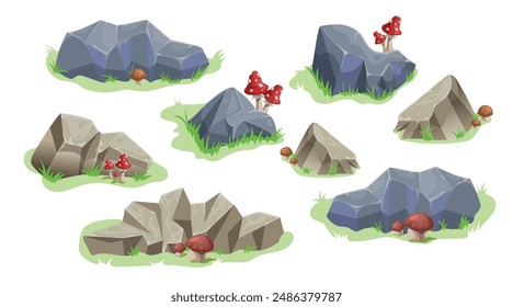 Rock stone set cartoon. Stones with grass and mushrooms in flat style. Vector illustrations isolated on white.