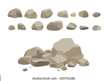 Rock stone set cartoon. Stones and rocks in isometric 3d flat style. Set of different boulders. Video Game
