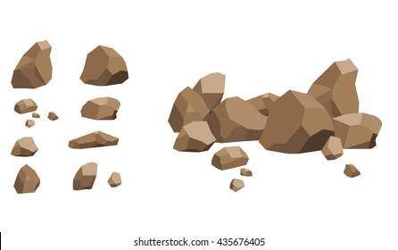 Rock stone set cartoon. Stones and rocks in isometric 3d flat style. Set of different boulders. Video Game