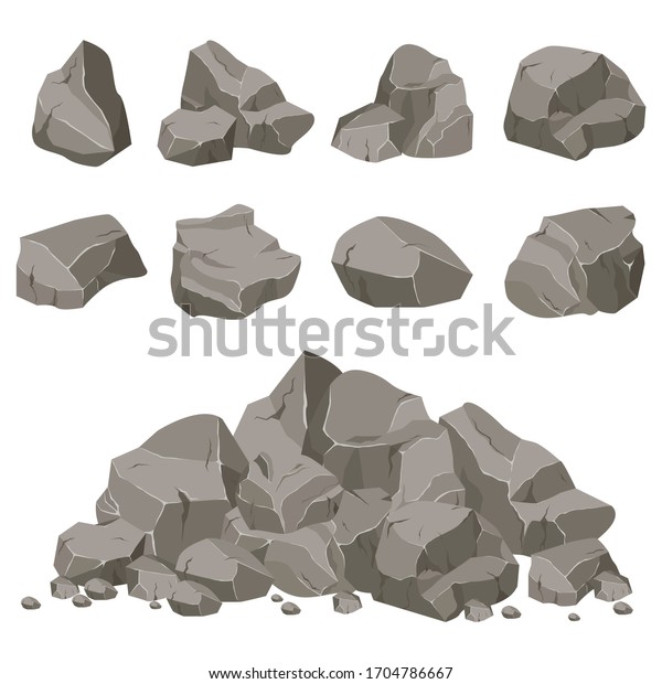 ロックストーンセットの漫画 様々な形の石 山の岩やがれき 石の大きなブロック 石の破片 のベクター画像素材 ロイヤリティフリー