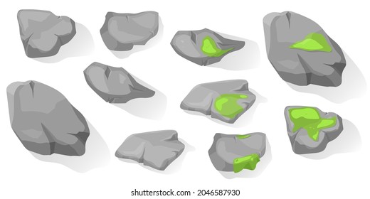 Rock stone set cartoon top view. Set of different Natural Boulders with moss and without. Cobblestones of various shapes. Vector Illustration. Collection for landscape design, plan, maps.