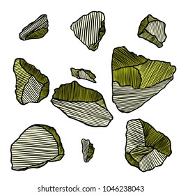 Rock stone set. Colour and white stones and rocks in hand drawn hatching, wood carve style. Set of different boulders. Vector.