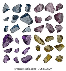 Rock stone set. Colour and white stones and rocks in hand drawn hatching, wood carve style. Set of different boulders. Vector.