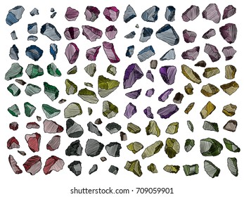 Rock stone set. Colour and white stones and rocks in hand drawn hatching, wood carve style. Set of different boulders. Vector.