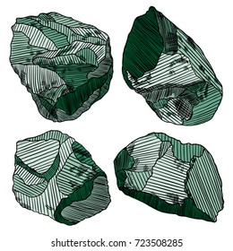 Rock stone set. Colour and white stones and rocks in hand drawn hatching, wood carve style. Set of different boulders. Vector.