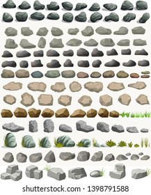 Rock Stone Set With Grass Cartoon In Flat Style. Vector