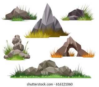 Rock and stone set isolated on white background. Vector stones and pebbles in green grass vector illustration