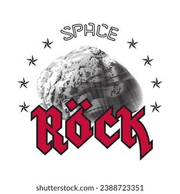 Rock or Stone with Speed Heavy Metal Style Authentic Logo and Stars Circle with Space Lettering over It as Comic Print Concept - Black and Red on White Background - Vector Engraving Graphic Design