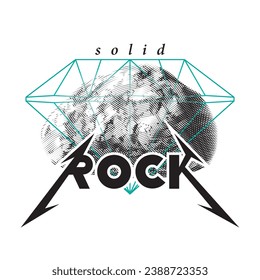 Rock or Stone with Thrash Heavy Metal Style Logo and Diamond Cutting Outline with Solid Lettering over It as Comic Print Concept - Black and Blue on White Background - Vector Engraving Graphic Design
