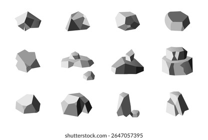 Rock pedra vetor ícone plano conjunto. Símbolos de pedra simples, coleção de cascalho cinza, pedra rochosa ilustração cartoon isolado no fundo branco