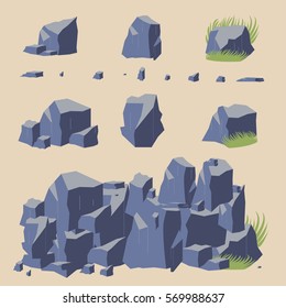 Rock stone vector icon boulders, gray set