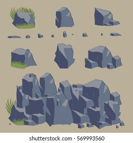 Rock stone vector icon boulders, gray set