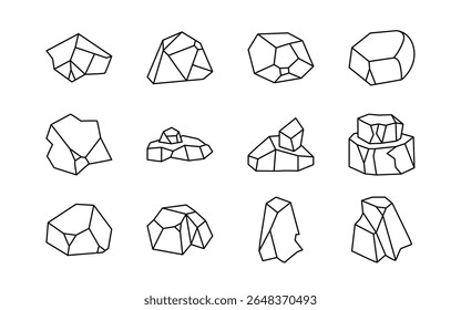 Conjunto de ícone de linha de vetor de pedra. Símbolos de pedra simples, coleção de cascalho, pedras rochosas ilustração forrada isolada no fundo branco
