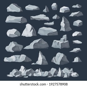 Rock Stones, Boulder Piles And Broken Rubble, Vector Isolated Set. Rock Stones Or Wall Building And Construction Debris, Flat Cartoon Illustration, Gray Gravels Of Concrete Or Granite Rock Blocks