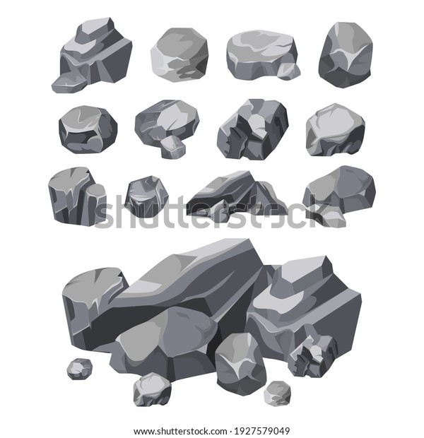 Rock stones, boulder piles and broken rubble,\
vector isolated set. Rock stones or wall building and construction\
debris, flat cartoon illustration, gray gravels of concrete or\
granite rock blocks