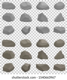 Rock stones. Cartoon collection. Easy editable vector colors. Universal stones for rocky design or landscape. Natural cobbles elements with shadows isolated on transparent background. Granite boulders