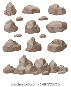 Rock stones. Cartoon stone isometric set. Granite boulders pile, natural building block materials. 3d game art isolated vector