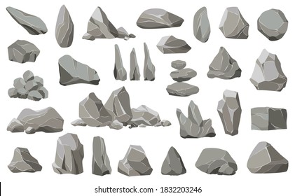 Rock stones and debris of the mountain. Gravel, gray stone, natural wall stones. Collection of stones of various shapes