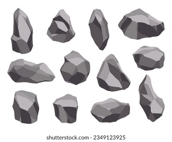 Rock stones or debris of mountain. Gravel, gray stone. Collection of various shapes, pieces of fossil stone. Polygonal shapes set. Game decoration elements