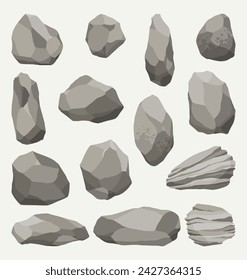 Rock stones or debris of mountain. Gravel, gray stone. Collection of various shapes, pieces of fossil stone. Polygonal shapes set. Game decoration elements