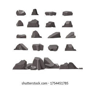 Rock stones flat icon set. Cartoon natural massive boulders, granite cliffs and cobbles isolated vector illustration collection. Mountains and landscape concept