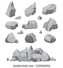 Rock stones. Graphite stone, coal and rocks pile for wall or mountain pebble. Gravel pebbles, gray stone heap cartoon isolated vector icons illustration set